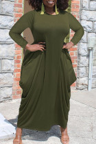 Army Green Casual Solid Color Patchwork O Neck Straight Plus Size Dresses