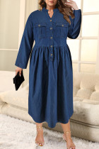 Deep Blue Street Solid Color Pocket Buckle Patchwork Ruched Turndown Collar Long Plus Size Dresses
