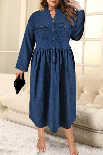 Deep Blue Street Solid Color Pocket Buckle Patchwork Ruched Turndown Collar Long Plus Size Dresses