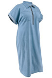 Light Blue Casual Solid Color Pocket Patchwork Zipper Turndown Collar Long Plus Size Dresses