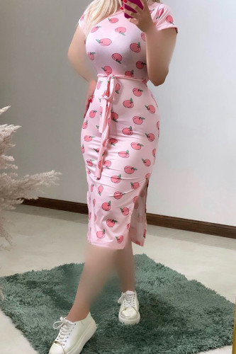 Pink Sexy Print Patchwork High Slit Strap Design O Neck Wrapped Skirt Dresses