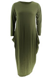 Army Green Casual Solid Color Patchwork O Neck Straight Plus Size Dresses