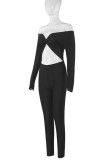 Blue Sexy Solid Color Hollow Out Patchwork Off Shoulder Skinny Jumpsuits