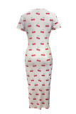 Colour Sexy Print Patchwork High Slit Strap Design O Neck Wrapped Skirt Dresses