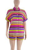 Yellow Casual Stripe Pocket Buckle Patchwork Strap Design Contrast Turndown Collar Short Sleeve Two Pieces