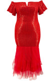 Red Elegant Solid Color Patchwork Backless Mesh Zipper Off Shoulder Wrapped Skirt Plus Size Dresses