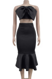 Yellow Sexy Solid Color Patchwork Backless Bow Decor Strapless Sleeveless Two Pieces