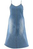 Light Blue Sexy Solid Color Patchwork Backless Spaghetti Strap Sling Plus Size Dresses