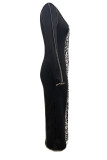 Black Sexy Leopard Print Patchwork Contrast O Neck Wrapped Skirt Dresses
