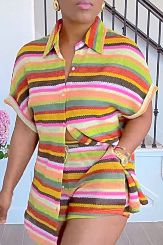 Yellow Casual Stripe Pocket Buckle Patchwork Strap Design Contrast Turndown Collar Short Sleeve Two Pieces