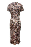 Colour Sexy Print Patchwork High Slit Strap Design O Neck Wrapped Skirt Dresses