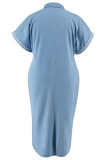 Light Blue Casual Solid Color Pocket Patchwork Zipper Turndown Collar Long Plus Size Dresses