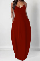 Burgundy Casual Gradient Print Pocket Contrast U Neck Printed Dresses