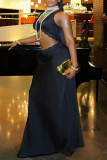 Black Sexy Solid Color Lace Patchwork V Neck Sleeveless Two Pieces
