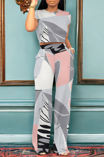 White Grey Casual Colorblock Print Pocket Contrast O Neck Short Sleeve Two Pieces