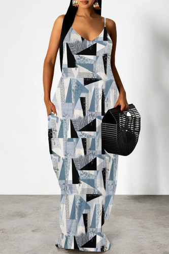 Baby Blue Sexy Floral Print Pocket Contrast V Neck Printed Dresses