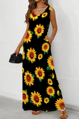 Yellow Casual Print Pocket Patchwork U Neck Long Dresses