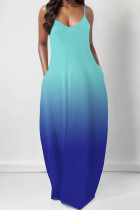Blue Casual Gradient Print Pocket Contrast U Neck Printed Dresses