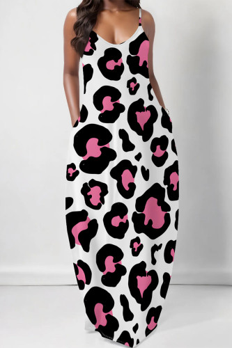White Pink Casual Leopard Print Pocket U Neck Printed Dresses