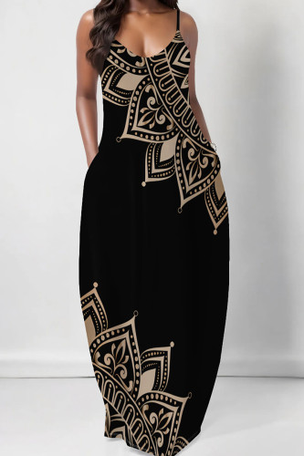 Khaki Elegant Print Pocket Patchwork Spaghetti Strap Sling Dresses
