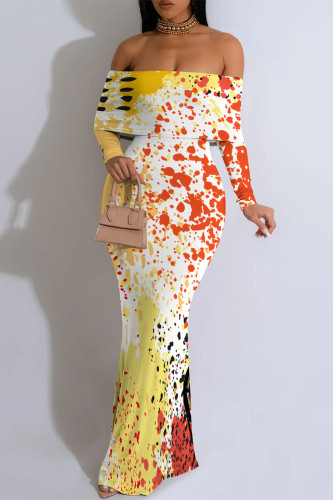 Orange Yellow Elegant Splashed ink printing Contrast Off Shoulder One Step Skirt Dresses