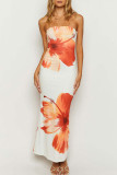 White Sexy Print Patchwork Backless Strapless Long Dresses