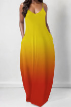 Orange Yellow Casual Gradient Print Pocket Contrast U Neck Printed Dresses