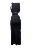 Black Elegant Hollow Out Patchwork High Slit Contrast O Neck Long Dresses