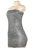 Grey Sexy Solid Color Patchwork Backless Sequined Strapless Wrapped Skirt Dresses