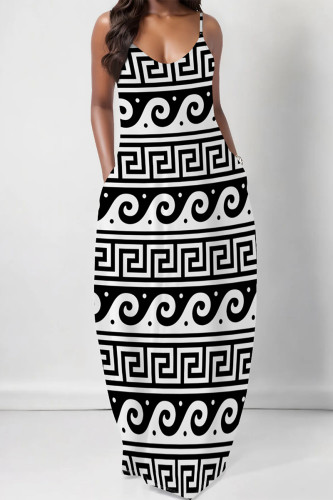 White Sexy Geometric Print Pocket Contrast V Neck Printed Dresses