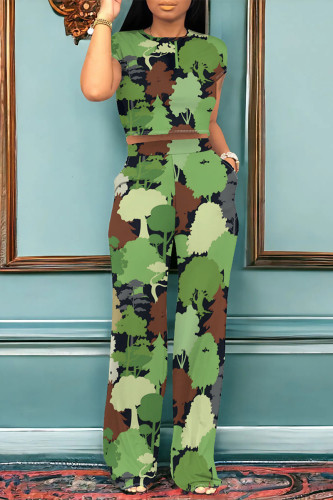 Green Casual Colorblock Print Pocket Contrast O Neck Short Sleeve Two Pieces