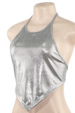 Grey Sexy Solid Color Patchwork Backless Strap Design Halter Tops