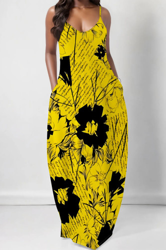 Yellow Sexy Butterfly Print Letter Print U Neck Printed Dresses