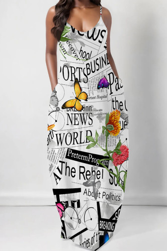 White Sexy Butterfly Print Letter Print U Neck Printed Dresses