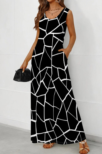 Black And White Casual Print Pocket Patchwork U Neck Long Dresses