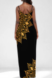 Gold Elegant Print Pocket Patchwork Spaghetti Strap Sling Dresses