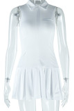 White Celebrities Solid Color Patchwork Zipper Pleated Turndown Collar A Line Dresses