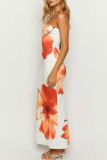 White Sexy Print Patchwork Backless Strapless Long Dresses