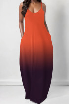 Orange Purple Casual Gradient Print Pocket Contrast U Neck Printed Dresses
