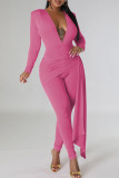 Black Casual Solid Color Patchwork Ruched V Neck Skinny Jumpsuits