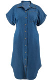 Blue Casual Solid Color Buckle Patchwork Turndown Collar Straight Plus Size Dresses
