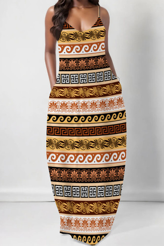 Brown Sexy Geometric Print Pocket Contrast V Neck Printed Dresses