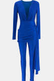 Black Casual Solid Color Patchwork Ruched V Neck Skinny Jumpsuits