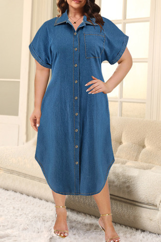 Blue Casual Solid Color Buckle Patchwork Turndown Collar Straight Plus Size Dresses