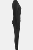 Black Casual Solid Color Patchwork Ruched V Neck Skinny Jumpsuits