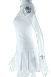 White Celebrities Solid Color Patchwork Zipper Pleated Turndown Collar A Line Dresses