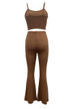 Brownness Casual Solid Color Patchwork Backless Ruched Strap Design Spaghetti Strap Sleeveless Two Pieces