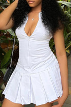 White Celebrities Solid Color Patchwork Zipper Pleated Turndown Collar A Line Dresses