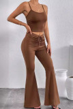 Brownness Casual Solid Color Patchwork Backless Ruched Strap Design Spaghetti Strap Sleeveless Two Pieces