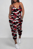 White Street Camouflage Print Pocket Patchwork Backless Spaghetti Strap Regular Jumpsuits